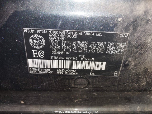 Продаж на аукціоні авто 2012 Toyota Rav4, vin: 2T3BF4DV7CW251540, номер лоту: 12657094