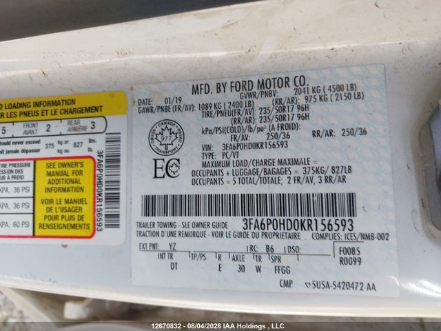 Ford FUSION SE 2019 3FA6P0HD0KR156593 Image 18