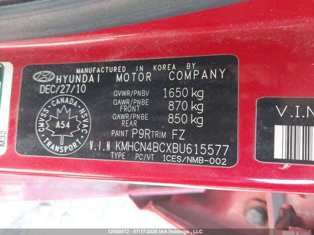 12658972 :رقم المزاد ، KMHCN4BCXBU615577 vin ، 2011 Hyundai Accent Gl مزاد بيع