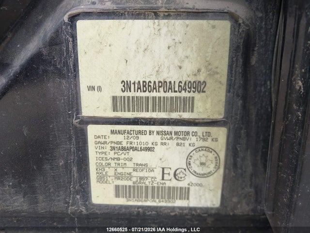 2010 Nissan Sentra 2.0s მანქანა იყიდება აუქციონზე, vin: 3N1AB6AP0AL649902, აუქციონის ნომერი: 12660525