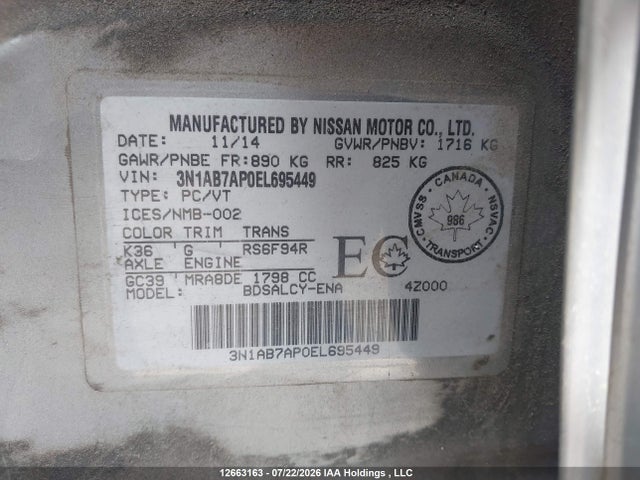 3N1AB7AP0EL695449 Nissan Sentra 1.8 S/1.8 Sl/1.8 Sr/1.8 Sv/s