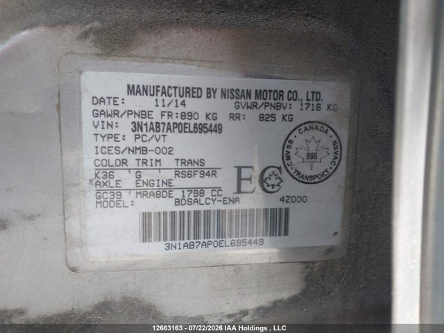 3N1AB7AP0EL695449 Nissan Sentra 1.8 S/1.8 Sl/1.8 Sr/1.8 Sv/s
