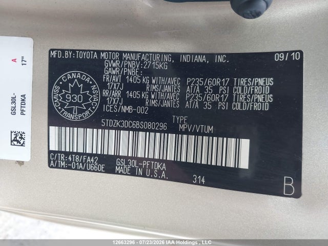 Aukcja sprzedaży 2011 Toyota Sienna V6 7 Passenger, vin: 5TDZK3DC6BS080296, numer aukcji: 12663296