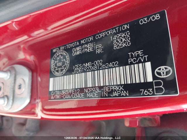 Продаж на аукціоні авто 2008 Toyota Yaris, vin: JTDBT923X81262402, номер лоту: 12663836