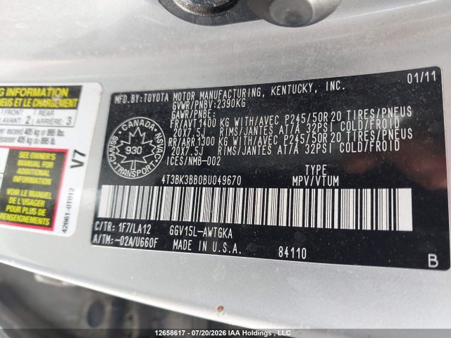 Продаж на аукціоні авто 2011 Toyota Venza Base V6, vin: 4T3BK3BB0BU049670, номер лоту: 12658617
