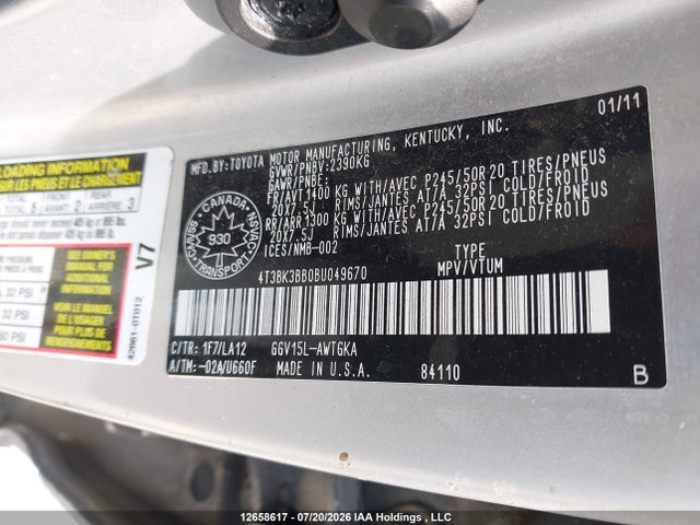 Продаж на аукціоні авто 2011 Toyota Venza Base V6, vin: 4T3BK3BB0BU049670, номер лоту: 12658617