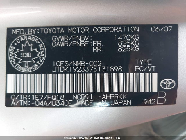 Продаж на аукціоні авто 2007 Toyota Yaris Le/rs, vin: JTDKT923375131898, номер лоту: 12663587