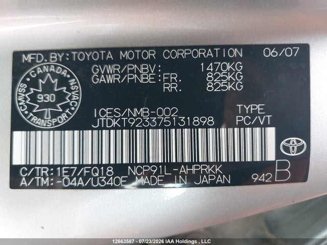 Продаж на аукціоні авто 2007 Toyota Yaris Le/rs, vin: JTDKT923375131898, номер лоту: 12663587
