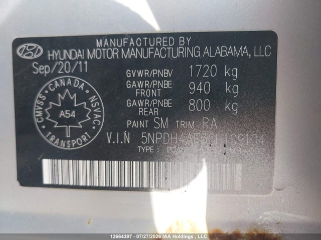 12664397 :رقم المزاد ، 5NPDH4AE3CH109104 vin ، 2012 Hyundai Elantra Gls مزاد بيع