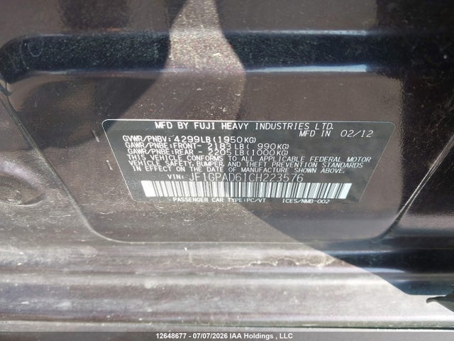 Aukcja sprzedaży 2012 Subaru Impreza 2.0i Touring Package, vin: JF1GPAD61CH223576, numer aukcji: 12648677