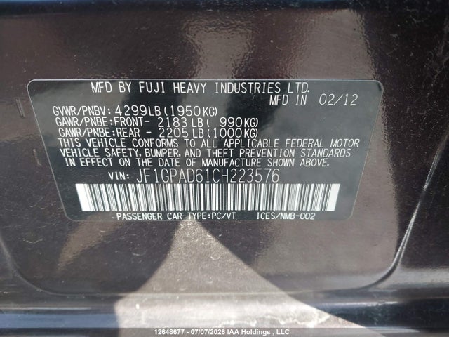 Aukcja sprzedaży 2012 Subaru Impreza 2.0i Touring Package, vin: JF1GPAD61CH223576, numer aukcji: 12648677