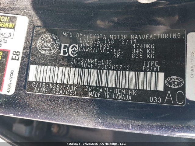 Продаж на аукціоні авто 2012 Toyota Corolla Ce, vin: 2T1BU4EE7CC765712, номер лоту: 12660578