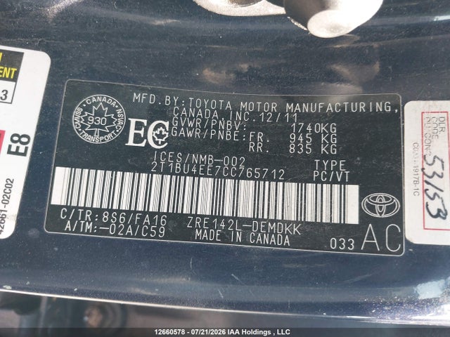 Продаж на аукціоні авто 2012 Toyota Corolla Ce, vin: 2T1BU4EE7CC765712, номер лоту: 12660578