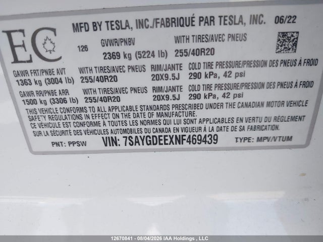 Aukcja sprzedaży 2022 Tesla Model Y, vin: 7SAYGDEEXNF469439, numer aukcji: 12670841
