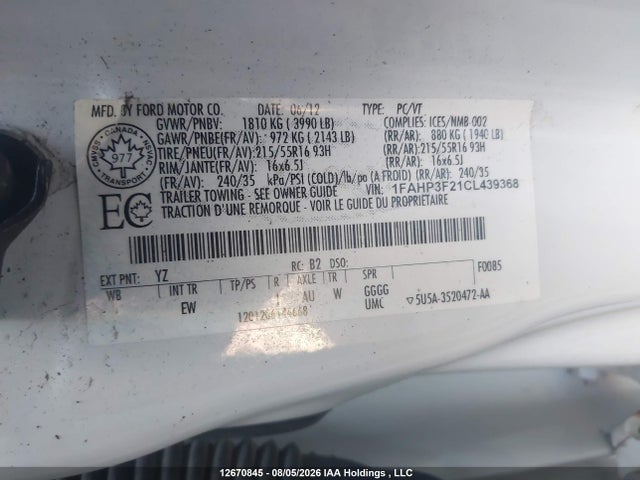 Продаж на аукціоні авто 2012 Ford Focus Se, vin: 1FAHP3F21CL439368, номер лоту: 12670845