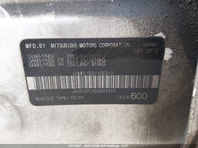 Продажа на аукционе авто 2013 Mitsubishi Lancer Es/es Sport, vin: JA32U2FU0DU603353, номер лота: 12670847