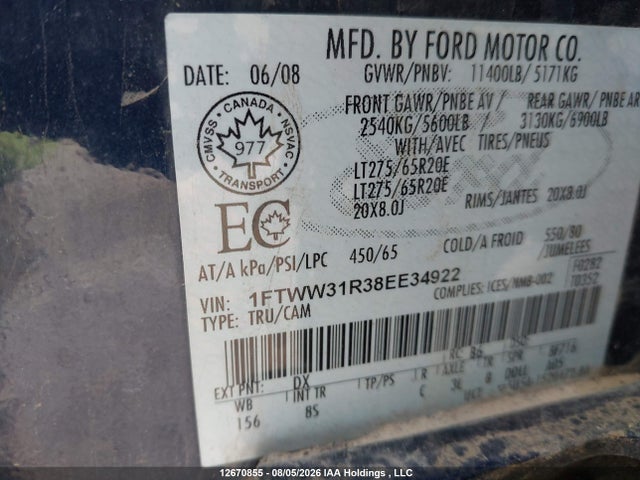 Aukcja sprzedaży 2008 Ford Super Duty F-350 Srw Fx4/harley-davidson/king Ranch/lariat/xl/xlt, vin: 1FTWW31R38EE34922, numer aukcji: 12670855