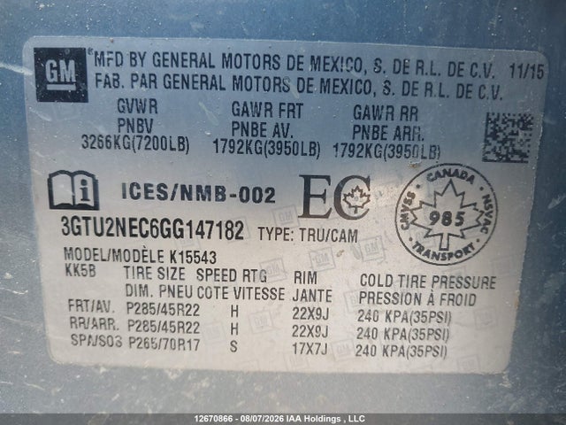3GTU2NEC6GG147182 GMC Sierra K1500 Slt