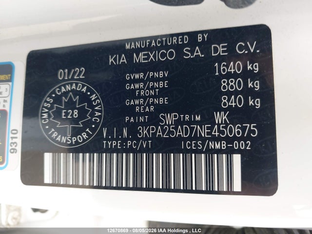 12670869 :رقم المزاد ، 3KPA25AD7NE450675 vin ، 2022 Kia Rio Lx Premium/lx+ مزاد بيع