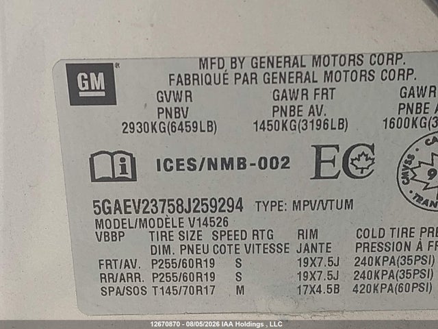 Aukcja sprzedaży 2008 Buick Enclave Cxl, vin: 5GAEV23758J259294, numer aukcji: 12670870