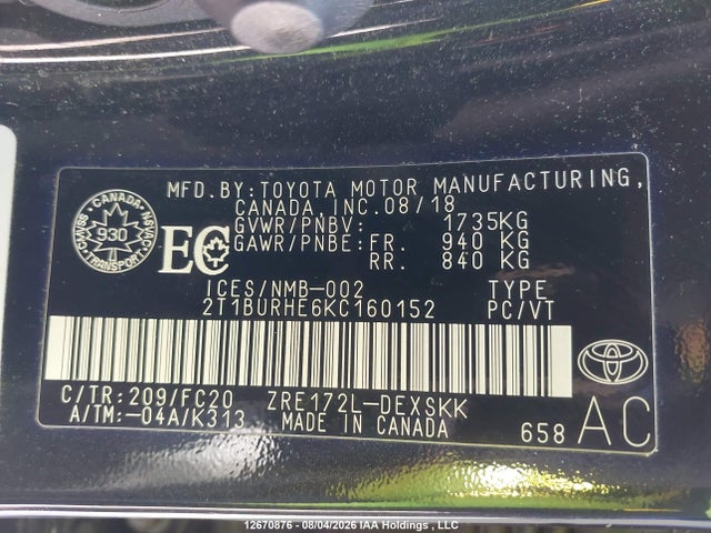 Toyota COROLLA SE 2019 2T1BURHE6KC160152 Image 9