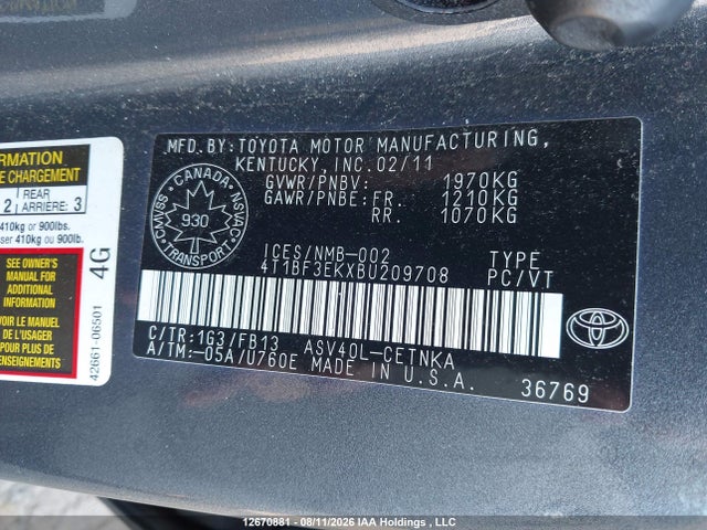 12670881 :رقم المزاد ، 4T1BF3EKXBU209708 vin ، 2011 Toyota Camry Se/le/xle مزاد بيع