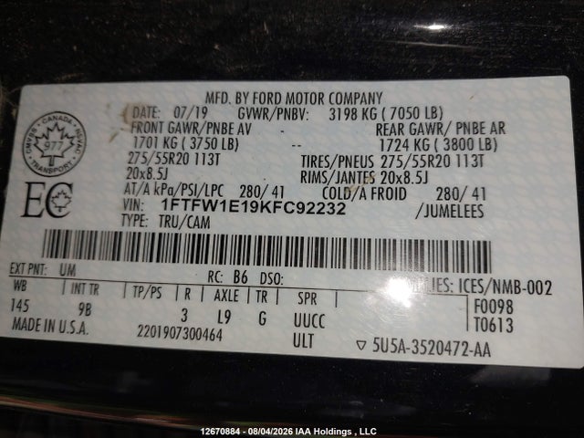 Ford F150 Supercrew 2019 1FTFW1E19KFC92232 Image 18