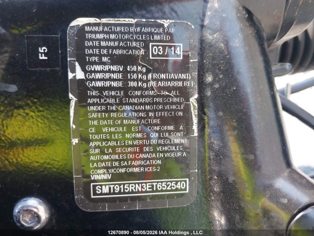 Продажа на аукционе авто 2014 Triumph Motorcycle Speedmaster, vin: SMT915RN3ET652540, номер лота: 12670890