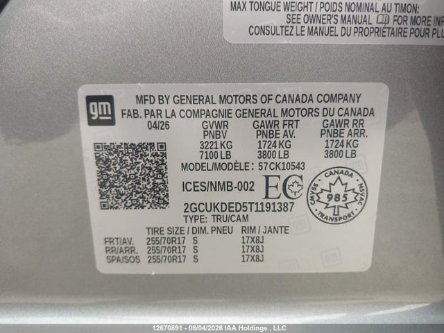 2026 Chevrolet Silverado K1500 Lt მანქანა იყიდება აუქციონზე, vin: 2GCUKDED5T1191387, აუქციონის ნომერი: 12670891