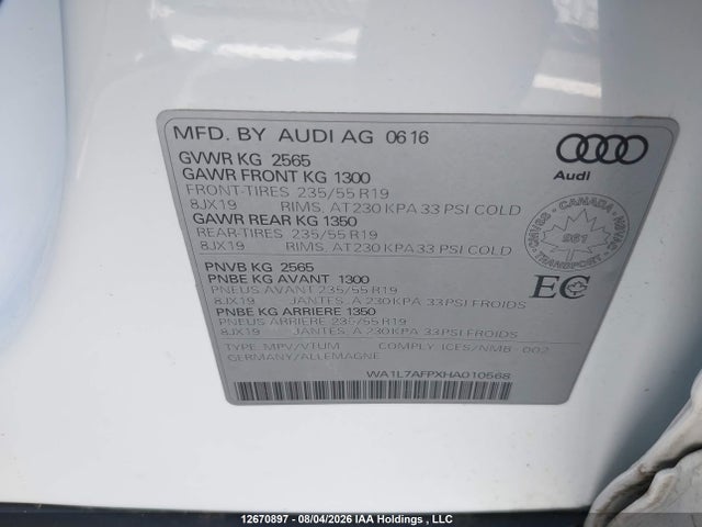 12670897 :رقم المزاد ، WA1L7AFPXHA010568 vin ، 2017 Audi Q5 3.0t Technik مزاد بيع