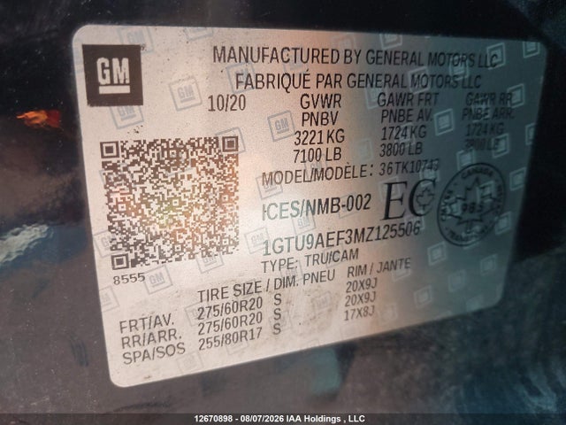 Продаж на аукціоні авто 2021 Gmc Sierra 1500, vin: 1GTU9AEF3MZ125506, номер лоту: 12670898