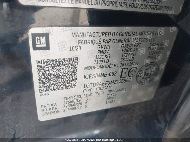 Продаж на аукціоні авто 2021 Gmc Sierra 1500, vin: 1GTU9AEF3MZ125506, номер лоту: 12670898