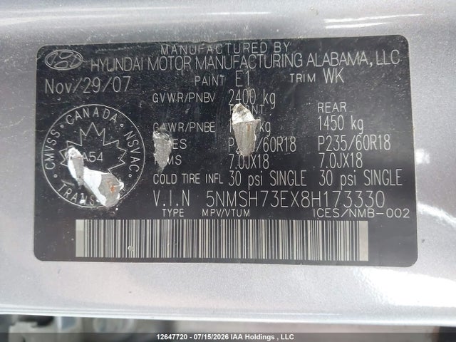 12647720 :رقم المزاد ، 5NMSH73EX8H173330 vin ، 2008 Hyundai Santa Fe Limited مزاد بيع