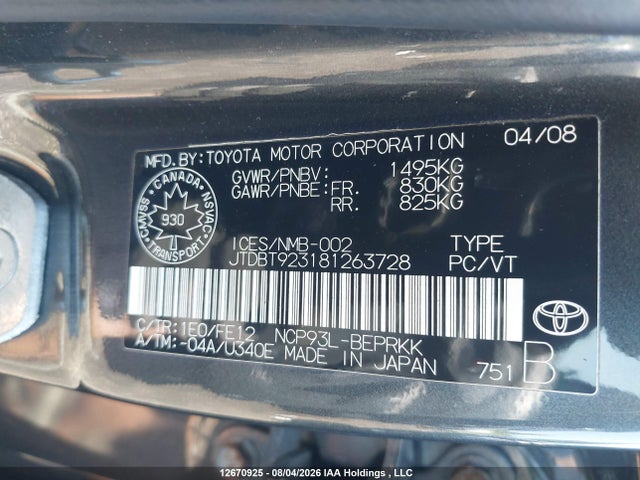 12670925 :رقم المزاد ، JTDBT923181263728 vin ، 2008 Toyota Yaris مزاد بيع