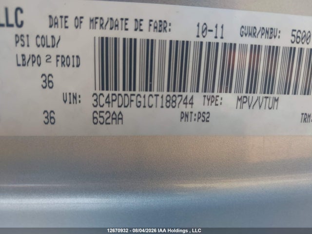 12670932 :رقم المزاد ، 3C4PDDFG1CT188744 vin ، 2012 Dodge Journey R/t مزاد بيع