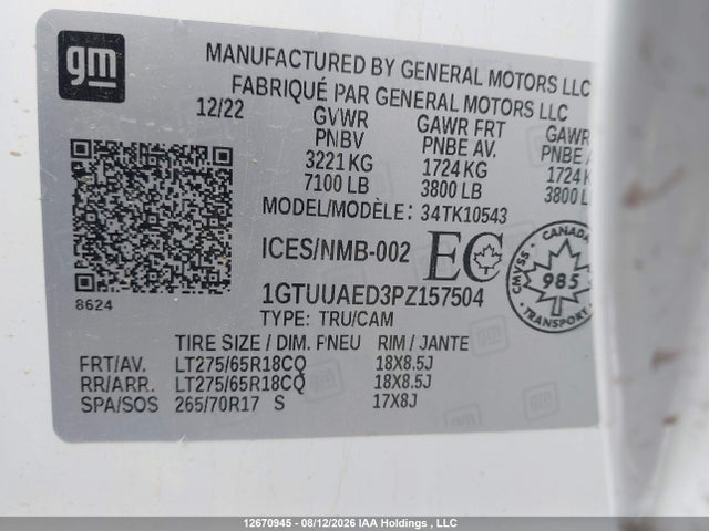 Продаж на аукціоні авто 2023 Gmc Sierra K1500, vin: 1GTUUAED3PZ157504, номер лоту: 12670945