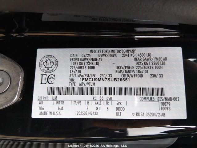 2025 Ford Escape St-line მანქანა იყიდება აუქციონზე, vin: 1FMCU9MN7SUB26651, აუქციონის ნომერი: 12670957
