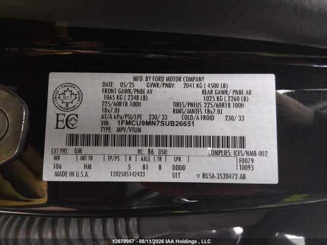 2025 Ford Escape St-line მანქანა იყიდება აუქციონზე, vin: 1FMCU9MN7SUB26651, აუქციონის ნომერი: 12670957