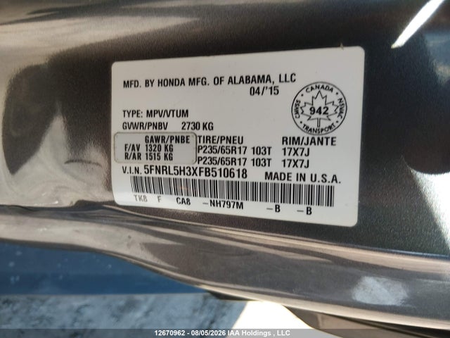 2015 Honda Odyssey Se მანქანა იყიდება აუქციონზე, vin: 5FNRL5H3XFB510618, აუქციონის ნომერი: 12670962