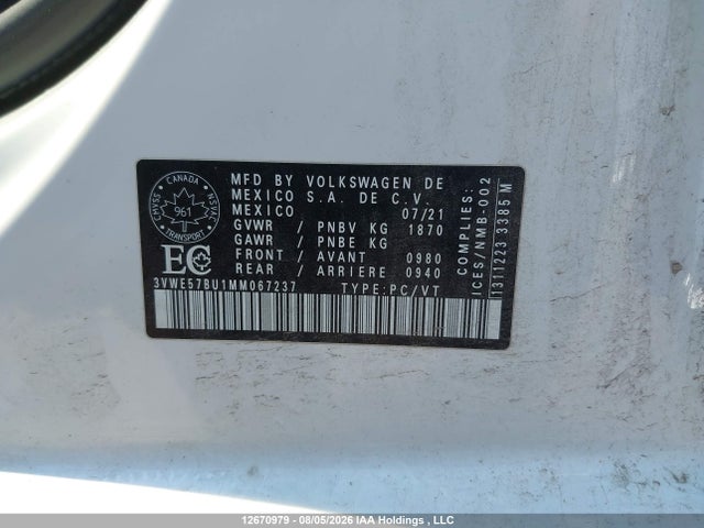 12670979 :رقم المزاد ، 3VWE57BU1MM067237 vin ، 2021 Volkswagen Jetta Highline مزاد بيع