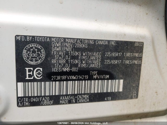 Продажа на аукционе авто 2022 Toyota Rav4 Xle, vin: 2T3R1RFVXNW314219, номер лота: 12670981