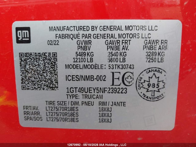 1GT49UEY5NF239223 GMC Sierra 3500hd Slt