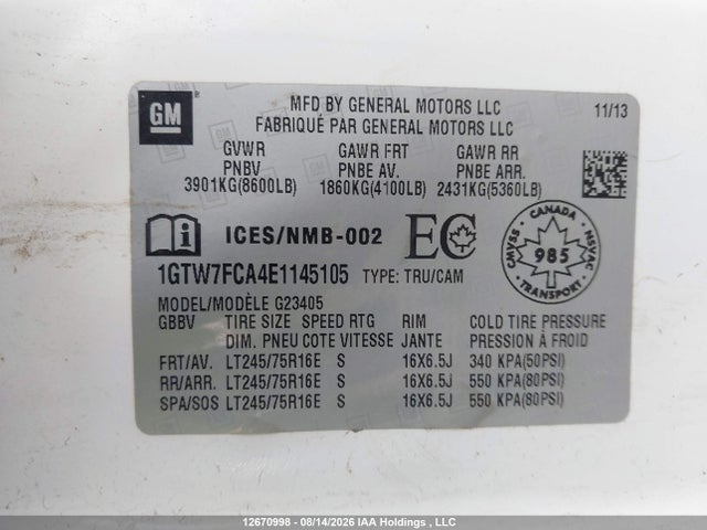 Продаж на аукціоні авто 2014 Gmc Savana 2500 1wt, vin: 1GTW7FCA4E1145105, номер лоту: 12670998