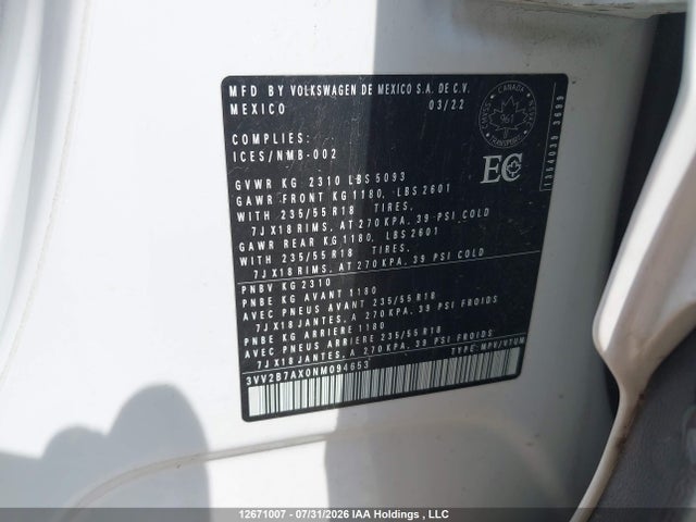 2022 Volkswagen Tiguan მანქანა იყიდება აუქციონზე, vin: 3VV2B7AX0NM094653, აუქციონის ნომერი: 12671007