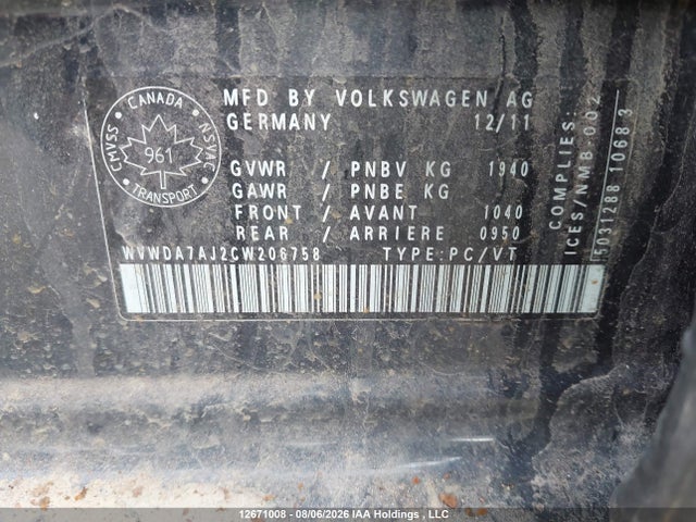 12671008 :رقم المزاد ، WVWDA7AJ2CW206758 vin ، 2012 Volkswagen Golf مزاد بيع