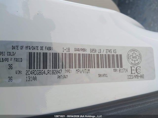 Продажа на аукционе авто 2018 Dodge Grand Caravan Se, vin: 2C4RDGBG4JR182047, номер лота: 12671021