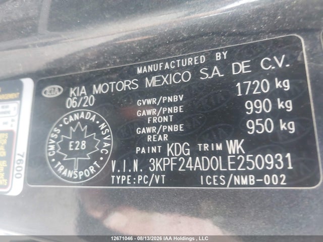 12671046 :رقم المزاد ، 3KPF24AD0LE250931 vin ، 2020 Kia Forte Lx مزاد بيع