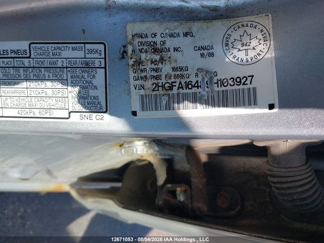 12671053 :رقم المزاد ، 2HGFA16489H103927 vin ، 2009 Honda Civic Dx-g مزاد بيع