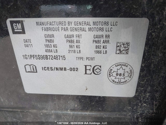 12671054 :رقم المزاد ، 1G1PF5S96B7248715 vin ، 2011 Chevrolet Cruze Lt Turbo مزاد بيع
