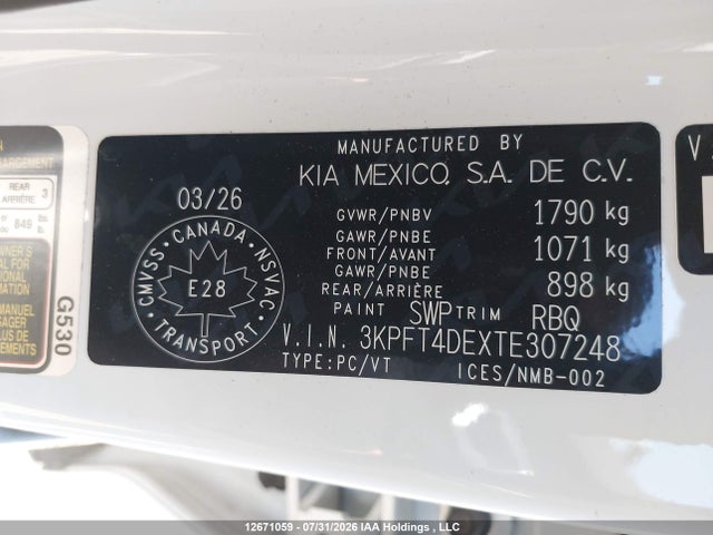 12671059 :رقم المزاد ، 3KPFT4DEXTE307248 vin ، 2026 Kia K4 Lx/lxs مزاد بيع